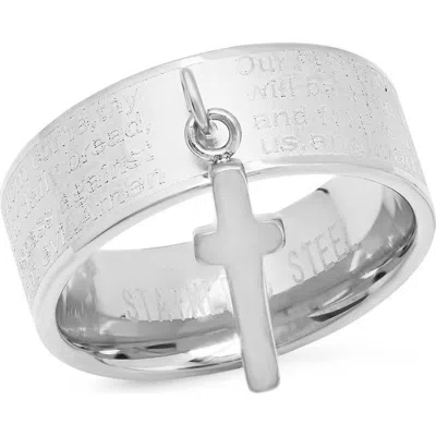 Steeltime Stainless Steel Lord's Prayer Cross Band Ring In Metallic