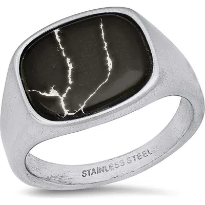 Steeltime Stainless Steel Marbled Signet Ring In Silver/black