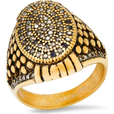 Steeltime Stainless Steel Pavé Crystal Signet Ring In Gold