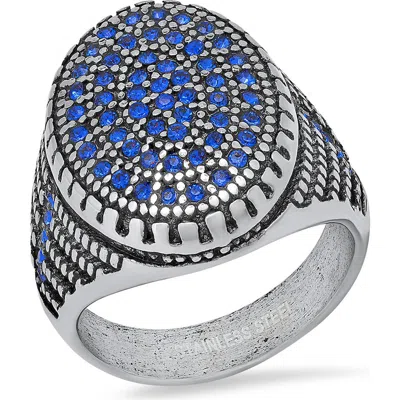 Steeltime Stainless Steel Pavé Crystal Signet Ring In Silver/ Blue
