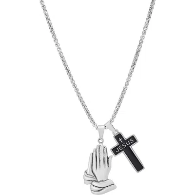 Steeltime Stainless Steel Praying Hands And Cross Pendant Necklace In Silver