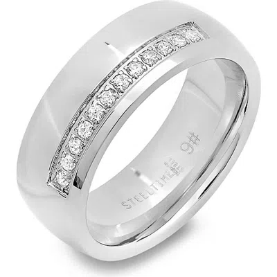Steeltime Stainless Steel Simulated Diamond Ring In Silver