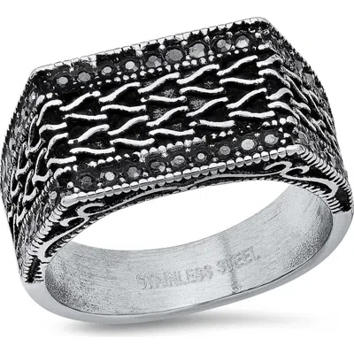 Steeltime Stainless Steel Simulated Diamond Ring In Black