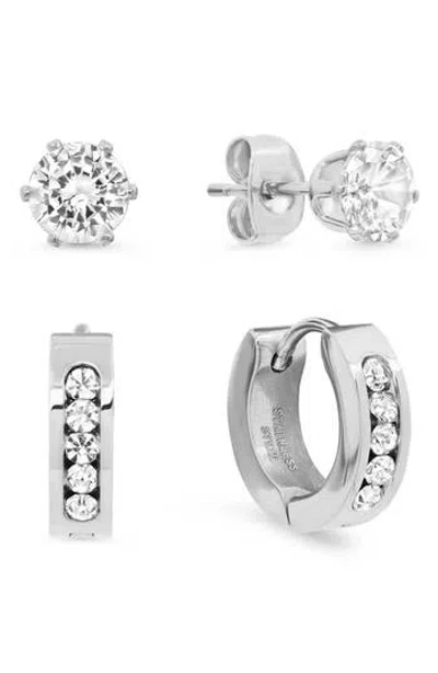 Steeltime Stainless Steel Simulated Diamond Stud & Huggie Earrings Set In Pink