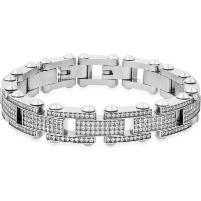 Steeltime Stainless Steel Simulated Diamond Studded Link Bracelet In Silver