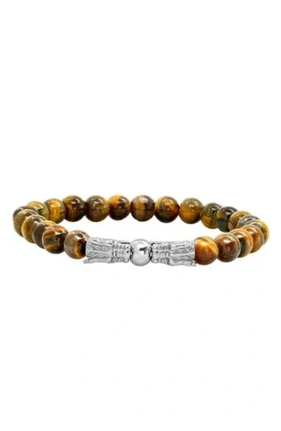 Steeltime Stainless Steel Tiger's Eye Beaded Dragon Bracelet In Silver