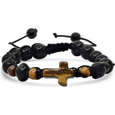 Steeltime Tiger's-eye & Bead Cross Bracelet In Black/ Brown