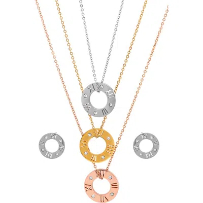 Steeltime Tricolor Roman Numeral Necklace & Earrings Set In Multi