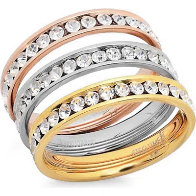 Steeltime Tritone Stainless Steel Crystal Stackable Rings In Metallic Multi