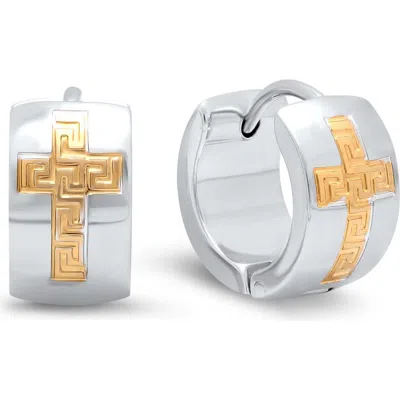 Steeltime Two Tone Cross Huggie Hoop Earrings In Metallic
