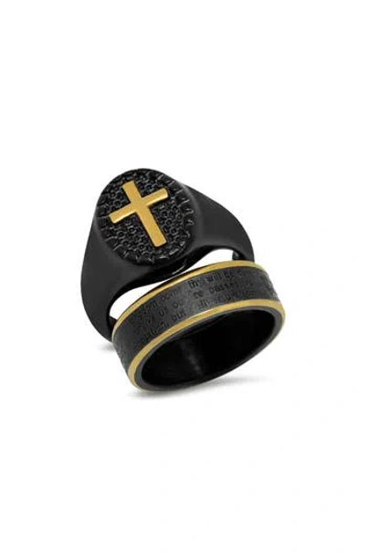 Steeltime Two-tone Cross Signet Ring In Black
