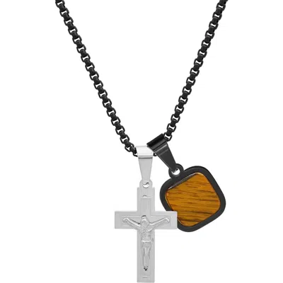 Steeltime Two-tone Stainless Steel Tiger's Eye Charm & Crucifix Pendant Necklace In Black