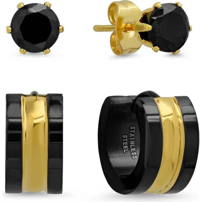 Steeltime Two-tone Stud & Huggie Hoop Earring Set