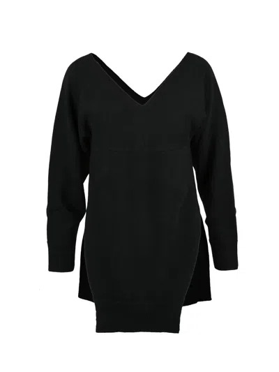 Stefano Mortari Asymmetrical Black Wool Knit Sweater With V-neckline And Slit Detail