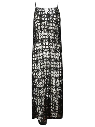 STEFANO MORTARI BLACK LONG DRESS WITH FISHNET FLORAL EMBROIDERY