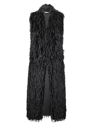 STEFANO MORTARI LONG SLEEVELESS COAT WITH BLACK FRINGES AND RELAXED FIT