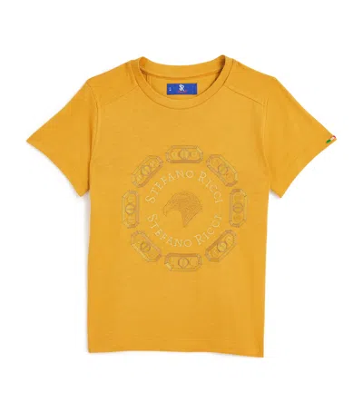 Stefano Ricci Kids' Cotton-blend Embroidered Logo T-shirt In Yellow