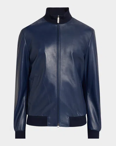 Stefano Ricci Men & Apos;s Leather Knit-trim Full-zip Blouson In Blue