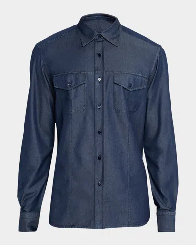 Stefano Ricci Men's Cotton And Silk Denim Button-down Shirt In Blue