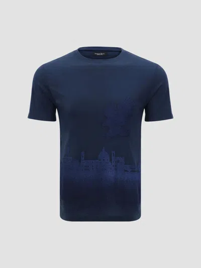 Stefano Ricci Men's Crewneck Florence Skyline Embroidered T-shirt In Blue