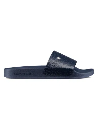 Stefano Ricci Eagle-embossed Leather Slides In Blue