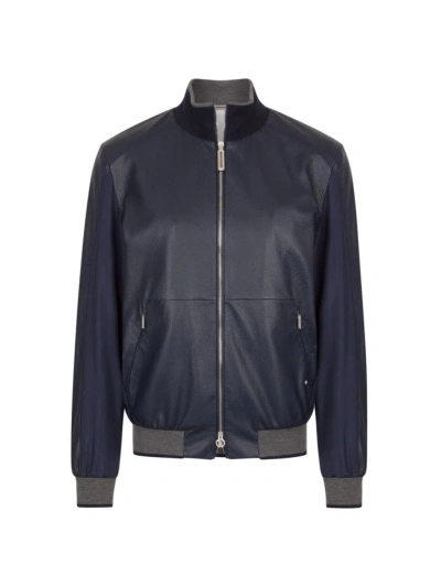 Stefano Ricci Men's Deerskin Leather And Technical Silk Blouson Jacket In Blue