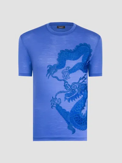 Stefano Ricci Men's Dragon Embroidered Design T-shirt In Blue
