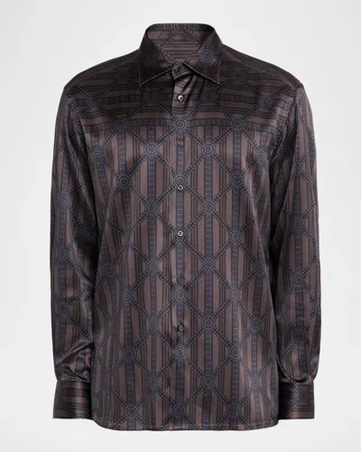 Stefano Ricci Men's Geometric Stripe Silk-elastane Sport Shirt In Brown