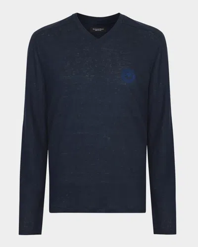 Stefano Ricci Men's Linen Long-sleeve Logo T-shirt In Dark Blue