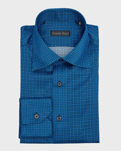 Stefano Ricci Men's Micro-patterned Silk Dress Shirt In Black  Blue