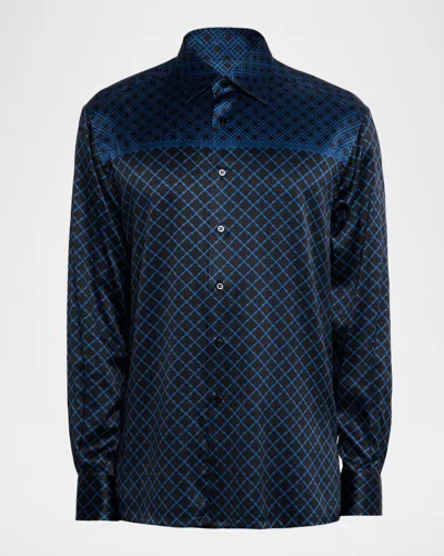 Stefano Ricci Men's Multi-geometric Silk-elastane Sport Shirt In Blue