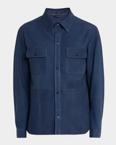 Stefano Ricci Men's Nubuck Leather Button-front Shirt In Blue
