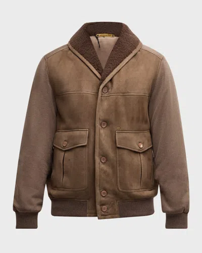 Stefano Ricci Men's Shearling-lined Shawl Collar Bomber Jacket In Beige