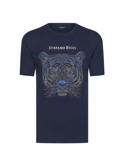 Stefano Ricci Men's Tiger Motif T-shirt In Blue Navy