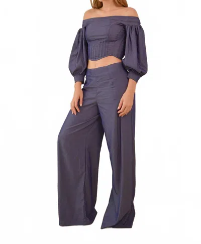 Steffany Milano Camellia Off-shoulder Crop Top And Pant Set In Blue In Purple
