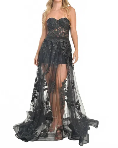 Steffany Milano Strapless Lace And Tulle Evening Gown In Black