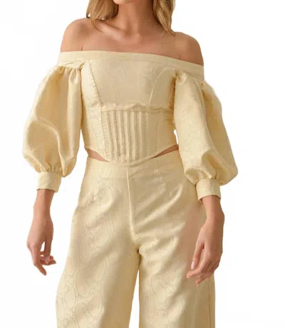 Steffany Milano Valencia Off-shoulder Corset Top And Pant Set In Beige In Yellow