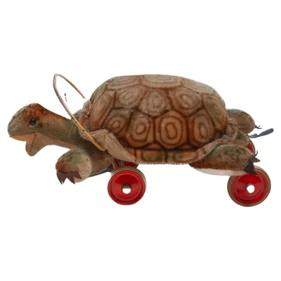 Pre-owned Steiff Children  Large Plush Turtle Toy With Glass Button Eyes 1960s And Wheels In Brown