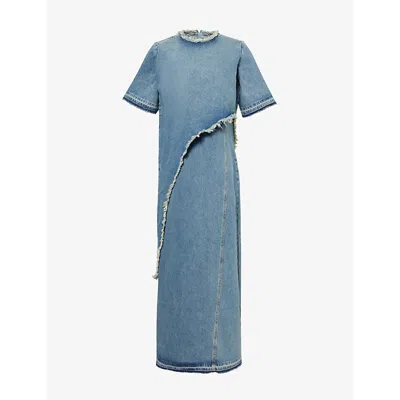 Stel Womens  Layered Raw-trim Faded-wash Denim Maxi Dress In Mid Blue Wash