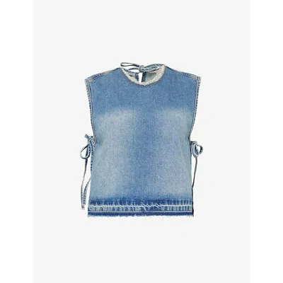 Stel Womens Tie-side Raw-trim Cropped Denim Tank Top Mid Blue Wash