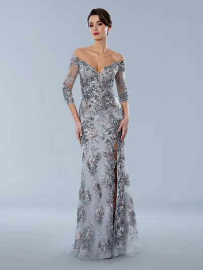 Stella Couture 24366 Long Formal Beaded Applique Evening Dress In Gray