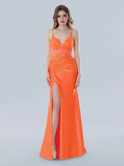 Stella Couture 25133 Prom Long Corset Lace Applique Formal Dress In Orange