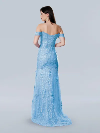 Stella Couture 25158 A Line Long Formal Floral Lace Applique Prom Dress In Blue