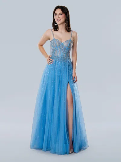 Stella Couture 25189 Long Corset A Line Formal Glitter Prom Dress In Blue