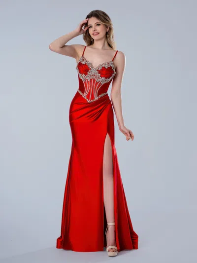 Stella Couture 26108 Beaded Long Formal Fitted Prom Dress In Red