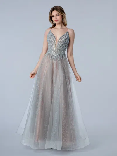 Stella Couture 26112 A Line Long Formal Beaded Prom Dress In Gray
