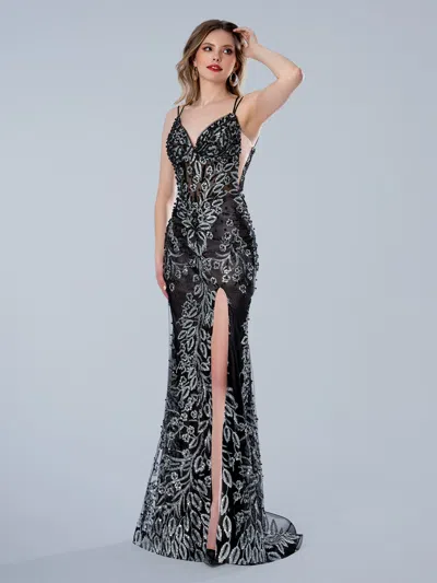 Stella Couture 26113 Fitted Long Evening Formal Slit Prom Dress In Black