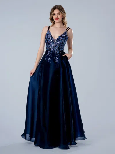 Stella Couture 26131 Long Formal Beaded A Line Prom Dress In Blue