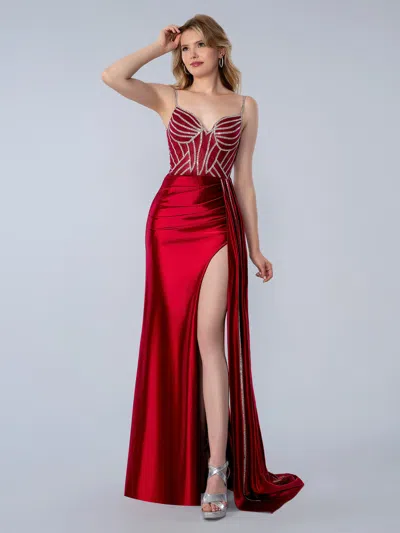 Stella Couture 26166 Long Fitted Formal Beaded Slit Prom Dress In Burgundy
