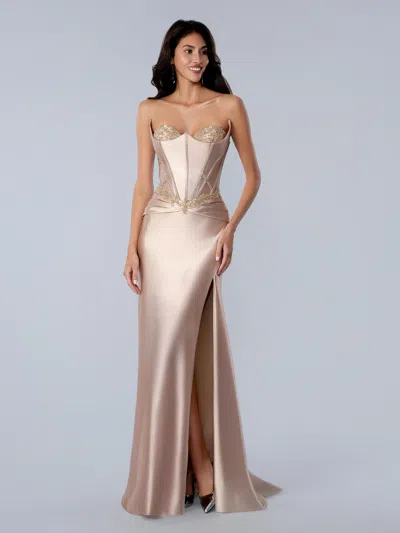 Stella Couture 26189 Fitted Long Formal Slit Prom Dress In Neutral
